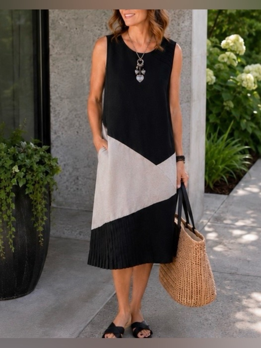 Taravao, Art To Wear Linen Blend Dress Large Lagenlook Color Block Pockets